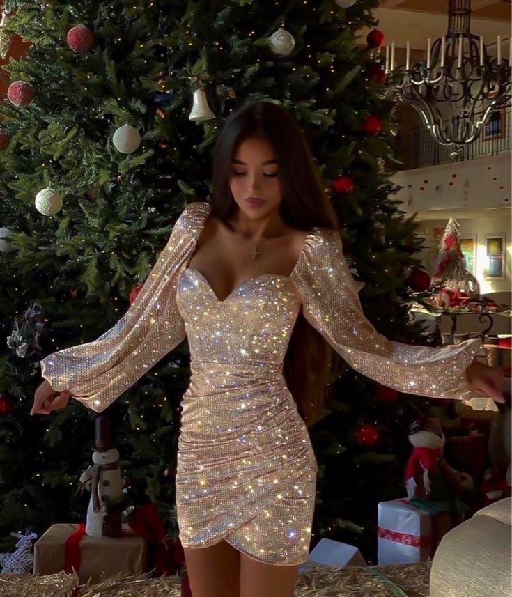 Charming Sparkling Sweetheart Long Sleeve Sweetheart Neck Ruffle Sequin Bell Sleeve Homecoming Dress Christmas Birthday Party Dress nv2748