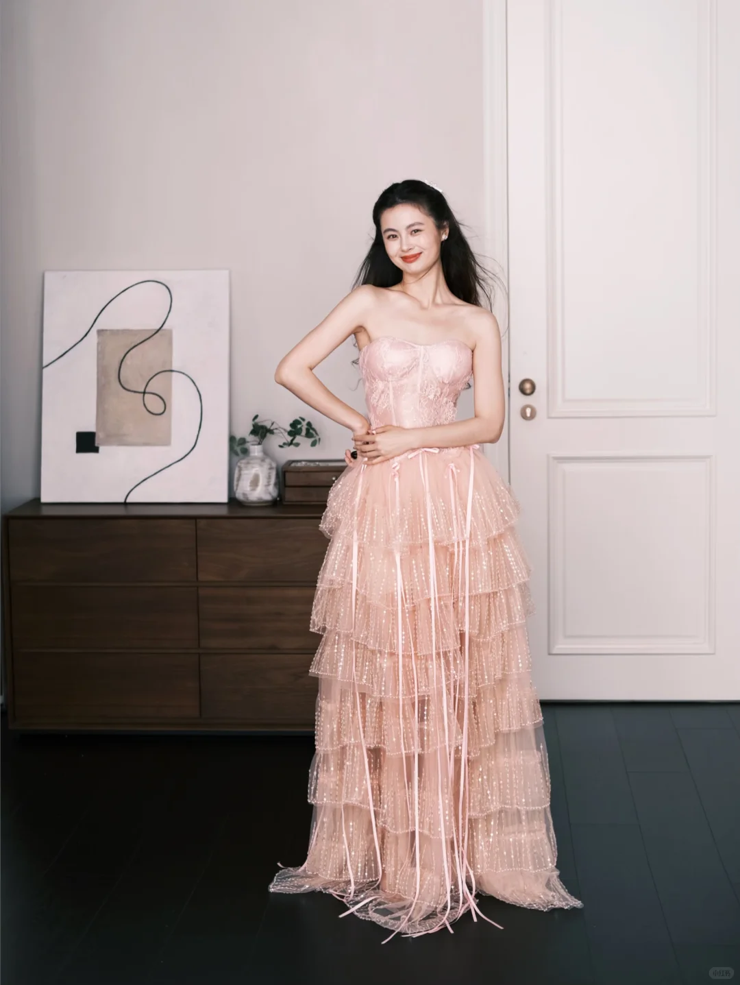 Blush Pink Tiered Sequin Tulle Prom Dress, Strapless Corset Evening Gown  NV7283