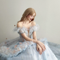 Light Ice Blue Feather Off Shoulder Prom Gown Star Moon Rhinestone Tulle Formal Dress  NV7165