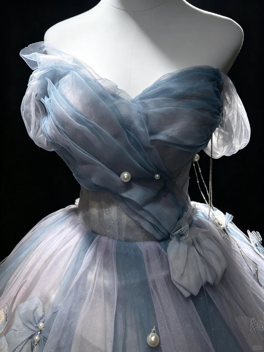Blue White Ombre Off Shoulder Ball Gown 3D Bow Pearl Tulle Formal Evening Dress  NV6973