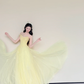 Off Shoulder Pale Yellow Pearl Floral Tulle Evening Ball Gown  NV7430