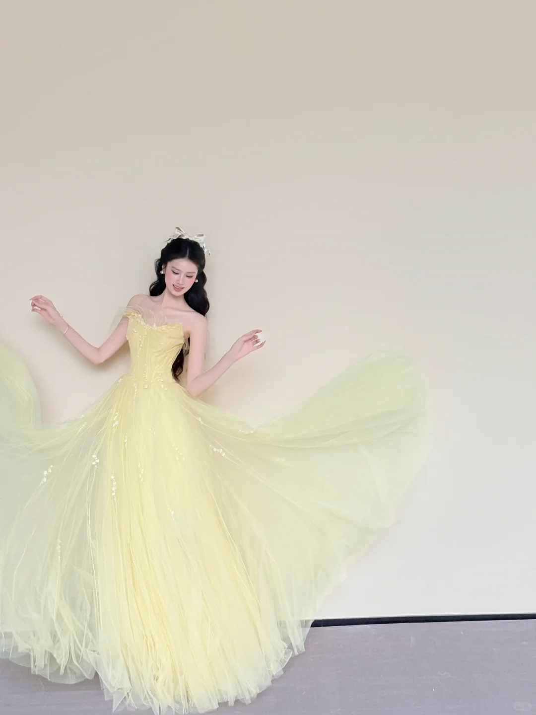 Off Shoulder Pale Yellow Pearl Floral Tulle Evening Ball Gown  NV7430