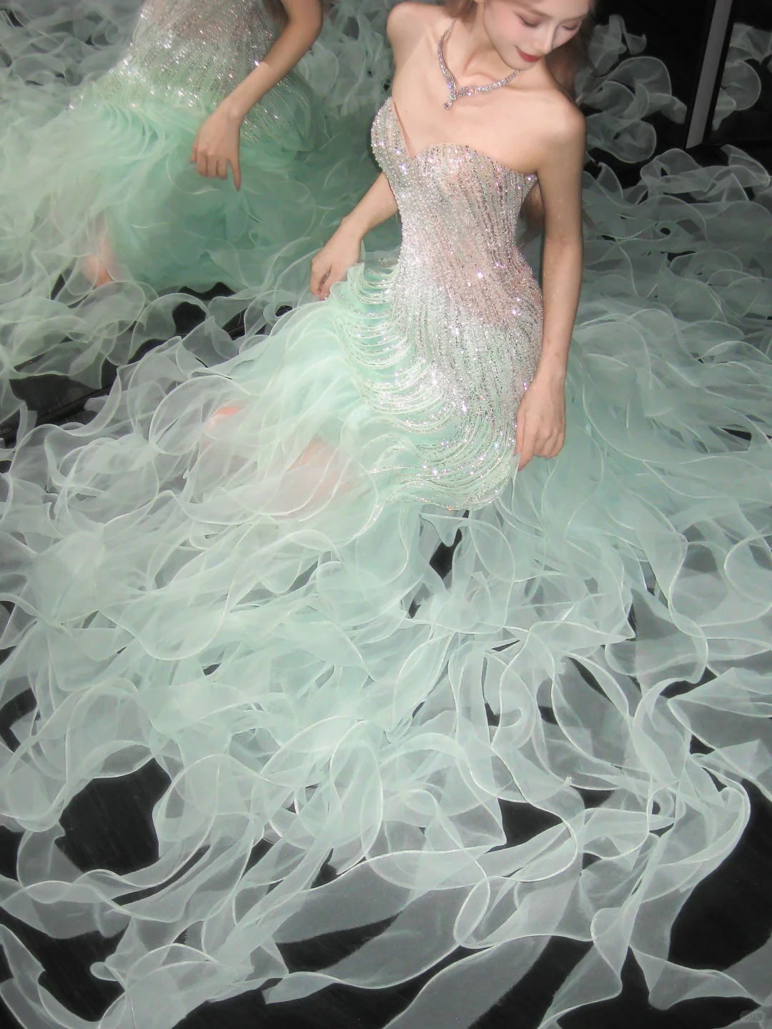 Strapless Mint Green Mermaid Prom Dress, Rhinestone Beaded 3D Ruffle High Slit Evening Gown  NV7104