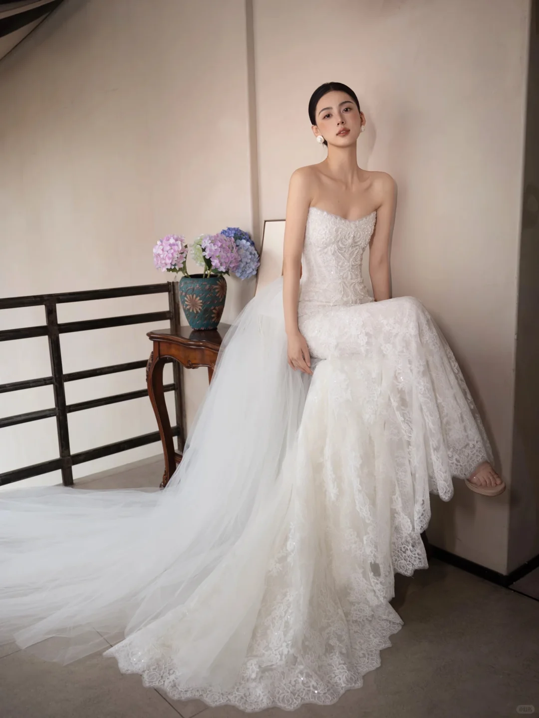 Ivory Strapless Lace Sequin Mermaid Wedding Gown Detachable Tulle Train  NV7192