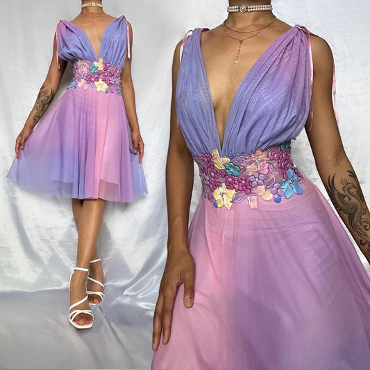 NiceVestidos--Gradient Homecoming Dress Purple Pink Fashion Gradient Exquisite Floral Short Chiffon Flower Fairy Dress Elf Dress Nv5582