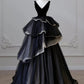 Black and White V Neck Low Cut Tulle Velvet Long Tiered Ball Gown Evening Dress Party Dress nv2607