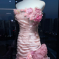 Pink Ombre Strapless Mermaid Evening Gown Ruched 3D Roses Tiered Ruffle Organza Long Prom Dress  NV7014