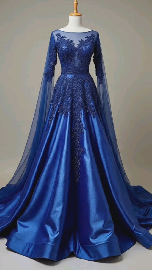 NiceVestidos-Blue Delicate Lace Long Satin Ball Gown NV6131