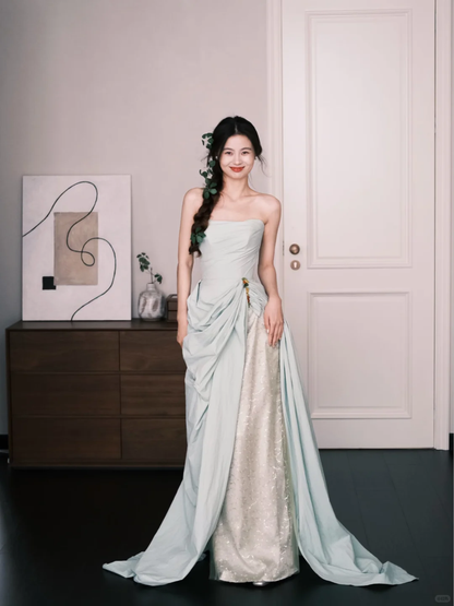 Strapless Ruched Evening Gown Mint Green Draped Overlay Sequin Prom Dress  NV7251