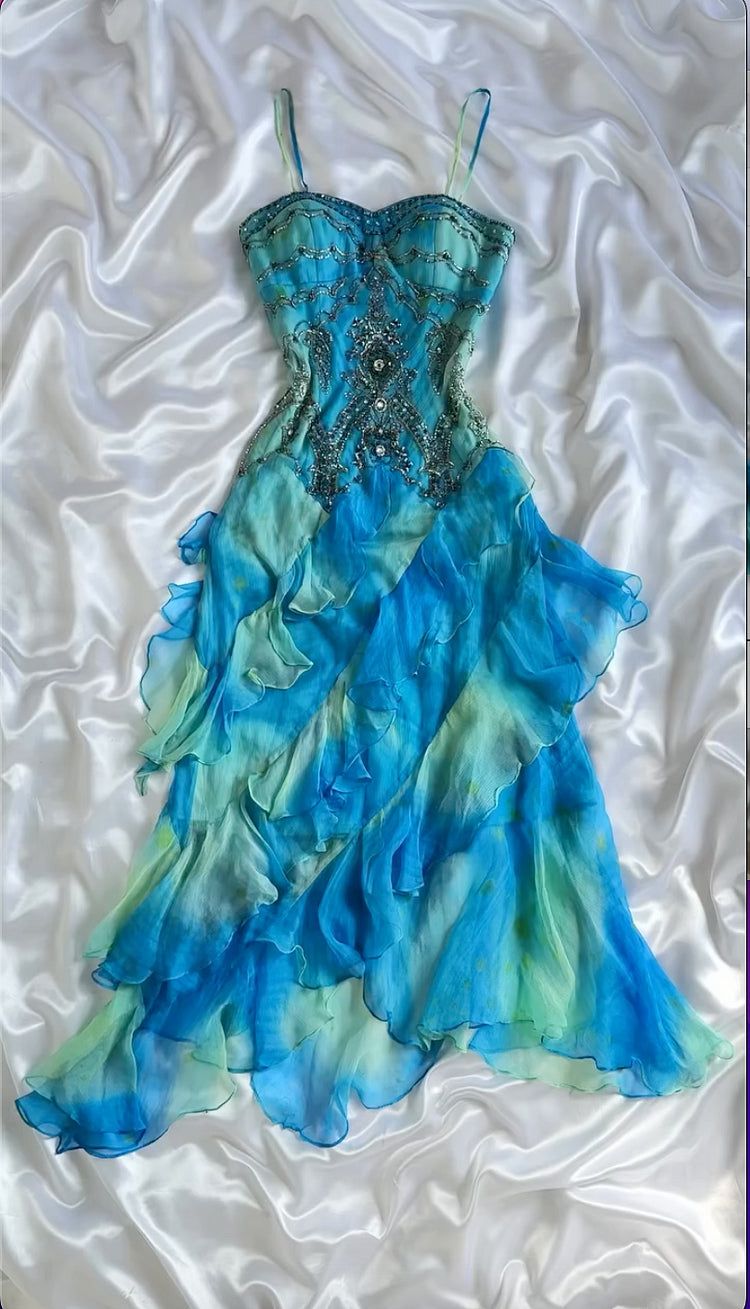 NiceVestidos--Short Blue Gradient Shiny Gorgeous Retro Fashion Exquisite Gemstone Beads Long Ankle Length Chiffon Ruffle Ball Dress Evening Dress Party Dress Prom Dress NV5709