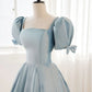 A-Line Blue Satin Puffy Sleeve Long Prom Dress, Blue Formal Dresses nv1726