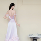 Off Shoulder Gradient Lavender Satin Evening Dress, 3D Pink Flower Petal Prom Gown  NV7433