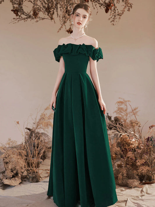 A-Line Off Shoulder Velvet Green Long Prom Dress, Green Formal Evening Dress nv1735