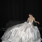 Strapless White Shiny Satin Ball Gown, Princess Wedding Bridal Dress With Neck Ribbon  NV7105