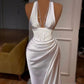 White Mermaid Strapless Front Slit Ball Gown Evening Dress with Ruffles nv1848