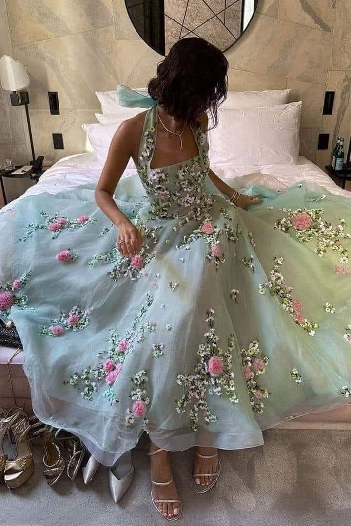 Green backless floral long chiffon ball gown evening dress nv2894