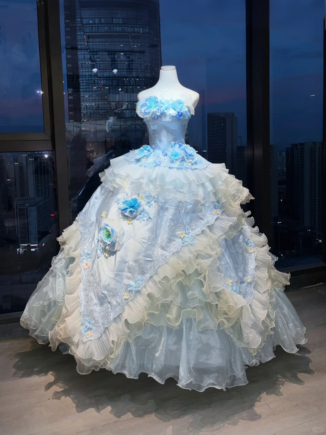 Light Blue Strapless Princess Ball Gown 3D Flower Lace Embroidery Tiered Ruffle Organza Long Evening Gown  NV7007