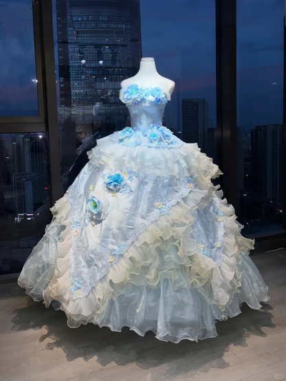 Light Blue Strapless Princess Ball Gown 3D Flower Lace Embroidery Tiered Ruffle Organza Long Evening Gown  NV7007
