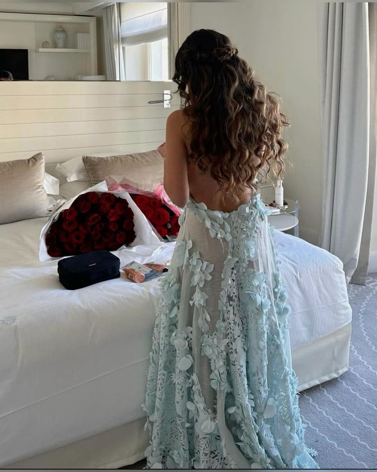 Elegant Light Blue tulle Long Ball Gown Evening Dress with Open Back High Low Floral nv2855