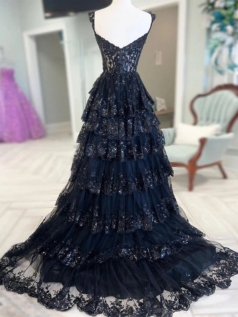 A-Line Sweetheart Neck Tulle Sequin Black Long Prom Dress, Black Formal Dress nv1468