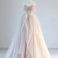 A-Line Off Shoulder Tulle Lace Champagne Pink Long Prom Dress, Lace Long Formal Dress nv1466