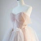A-Line Off Shoulder Tulle Lace Champagne Pink Long Prom Dress, Lace Long Formal Dress nv1466