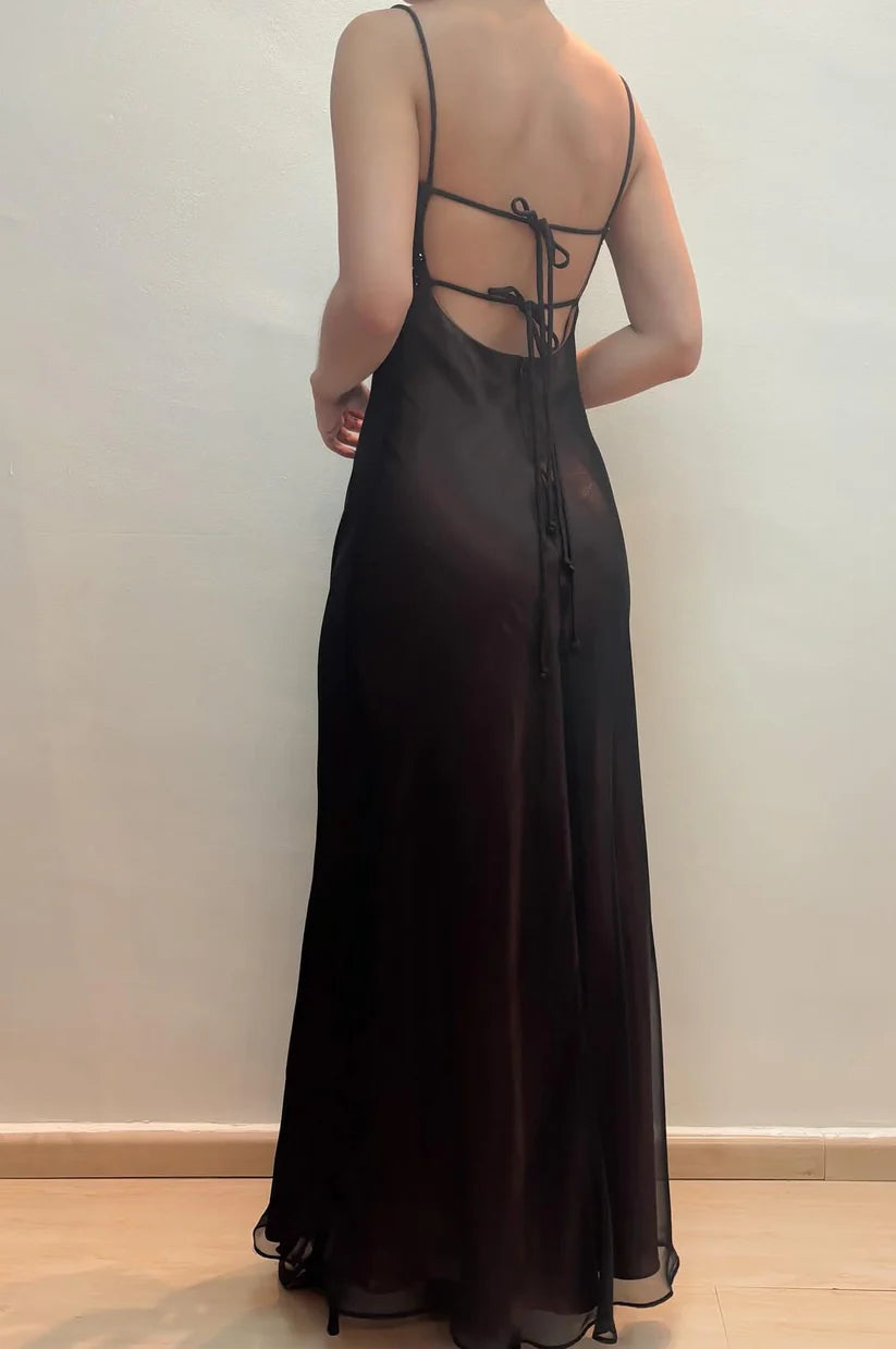 NiceVestidos--Exquisite floral beaded fairy dress Sleeveless Black Chiffon Slim fit Floor length Evening Dress NV5775