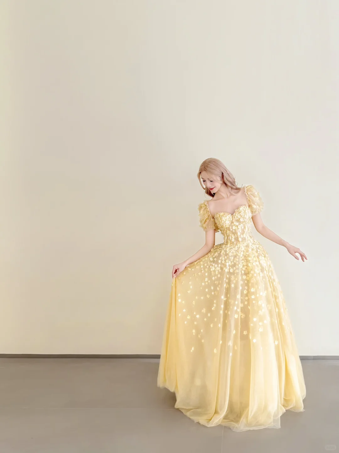 Pale Yellow Puff Sleeve 3D Floral Tulle A-Line Prom Gown  NV7183