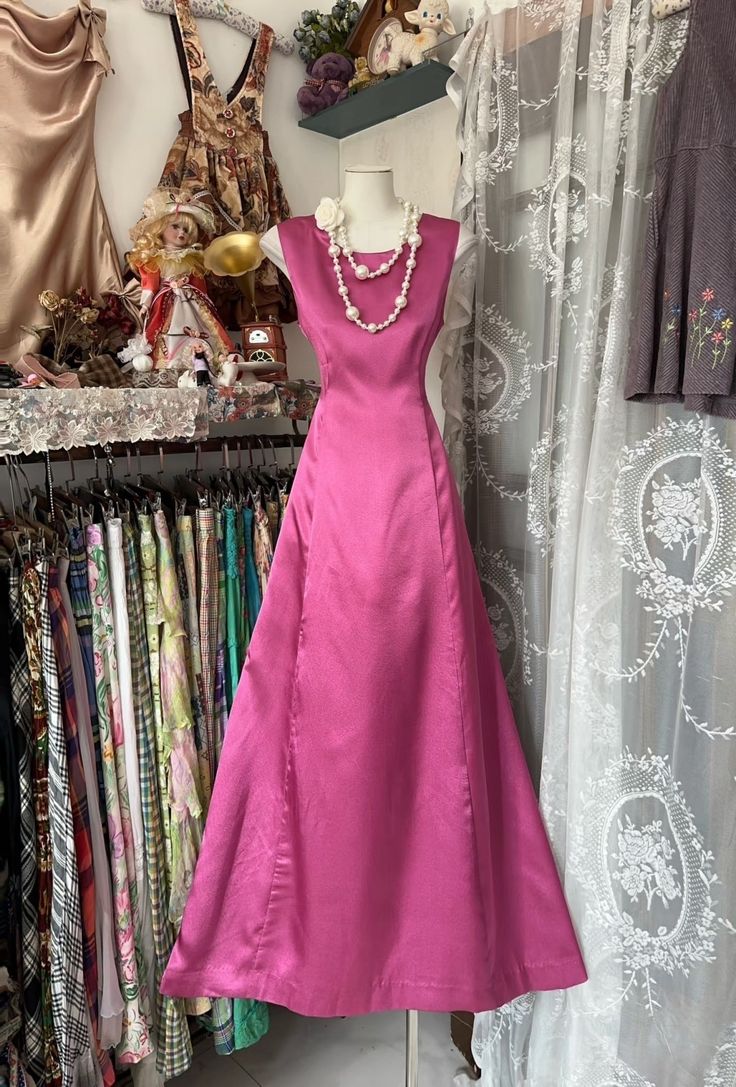 Pink Vintage Fashion A-Line Floor Length Satin Ball Gown Evening Dress Party Dress nv3604