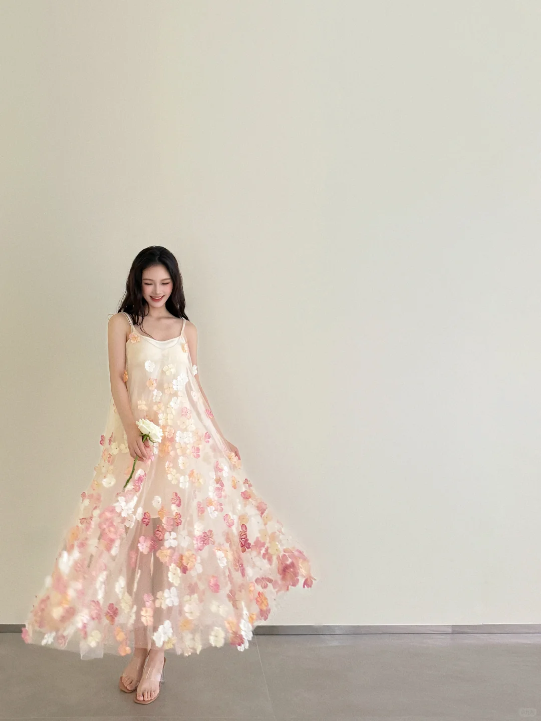 Champagne Spaghetti Strap 3D Floral Tulle Dress Flowy Evening Gown  NV7132