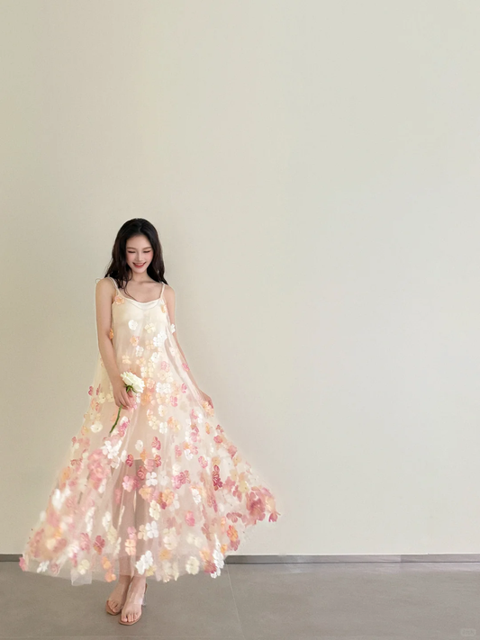 Champagne Spaghetti Strap 3D Floral Tulle Dress Flowy Evening Gown  NV7132
