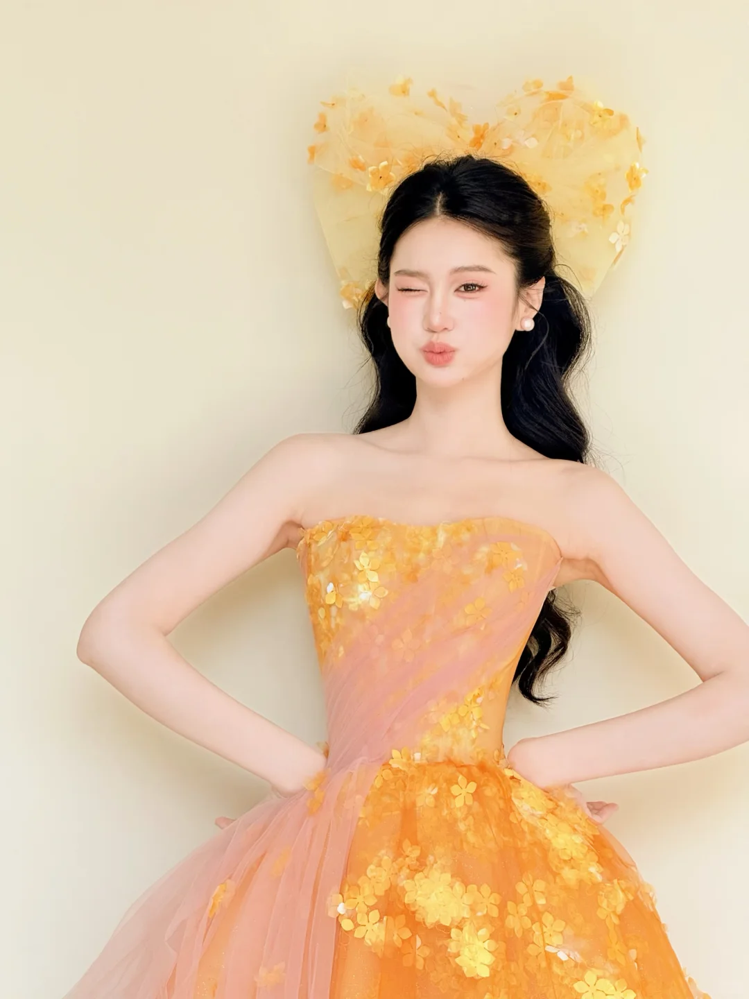 Strapless Orange Pink Ombre 3D Gold Floral Ball Gown Prom Dress  NV7414