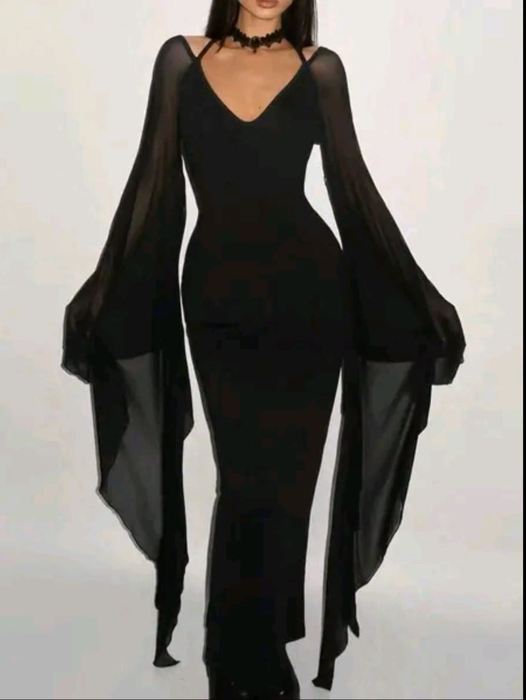 Black Tulle Flared-Sleeve Halter V-Neck Sexy Dark-Style Bodycon Gown NV6256