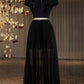 Black Short Sleeve Elegant Long Tulle Homecoming Dress Party Dress nv3207