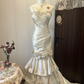 Ivory White Floral Beaded Long Satin Ball Gown Evening Gown Wedding Dress nv4216