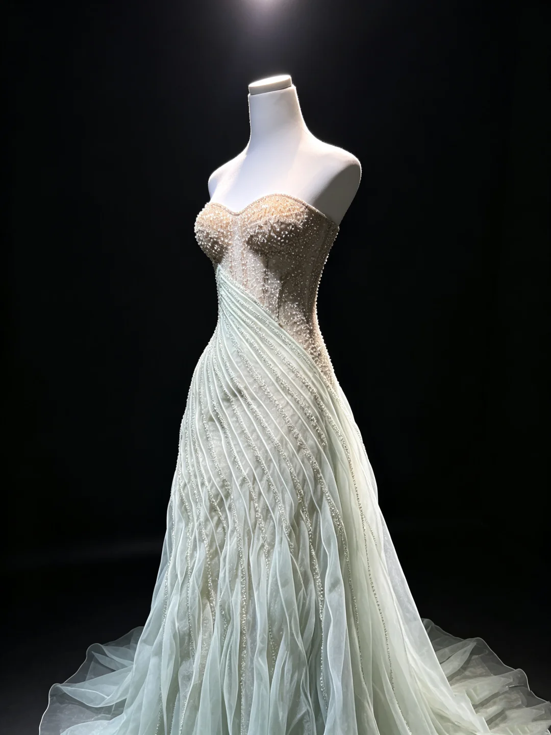 Mint Green Strapless Long Mermaid Formal Gown Hand Beaded Draped Tulle Evening Dress  NV6956