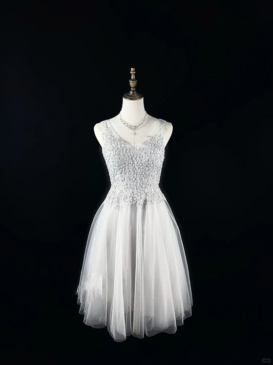 Silver Sequin Lace Tulle Short Homecoming Dress Prom Dress Birthday Dress nv4496