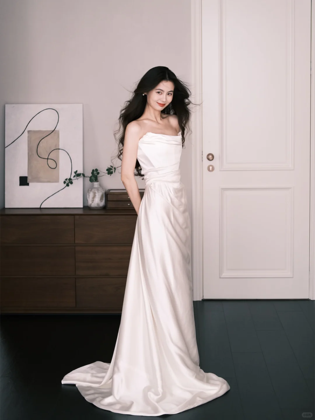 White Strapless Draped Satin Wedding Dress With Long Streamers  NV7230