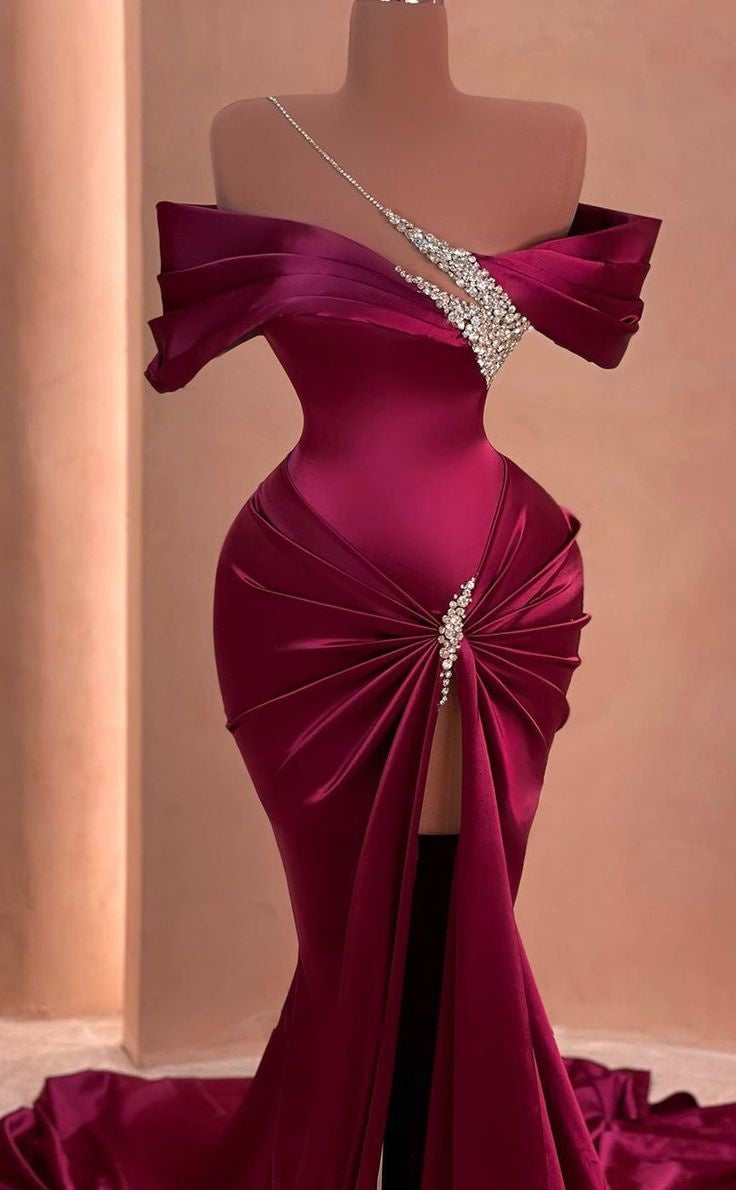 Purple gorgeous elegant exquisite beaded long satin floor-length trailing ball gown evening dress party dress nv2851