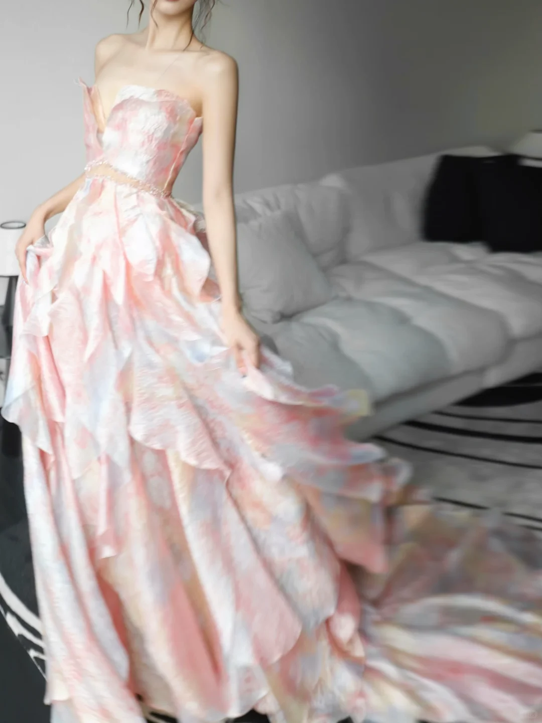 Pink Strapless Ombre Ruffle Prom Gown Watercolor Print Cutout Waist  NV7184
