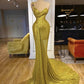 Yellow green gorgeous shiny sequins fashion one shoulder long trailing slit tulle sexy ball gown evening dress party dress nv3259