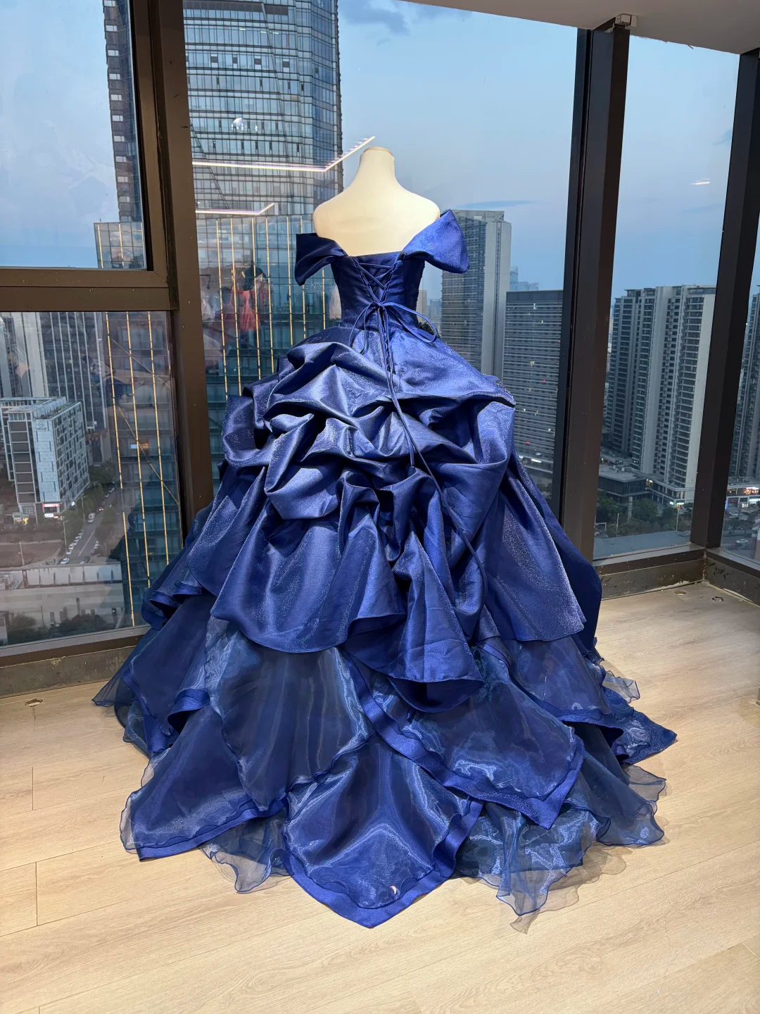 Off Shoulder Royal Blue Ball Gown Puff Sleeve Beaded Embroidery 3D Flower Satin Ruffle Prom Dress  NV7039