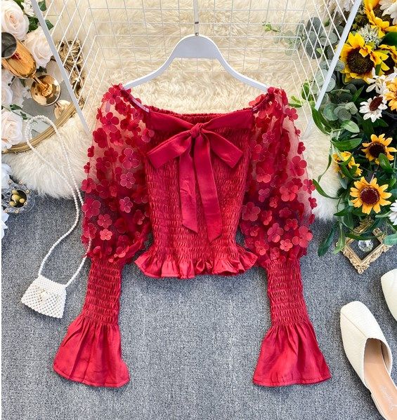 Blue/pink/red/white sweet bow strapless exquisite flower puff sleeve shirt ladies tops 1