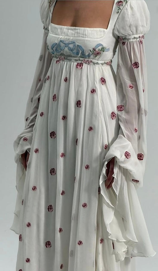 NiceVestidos--Long-Sleeved Empire Dress High Waist Dress Long Chiffon Floral Square Neck Prom Dress NV5878