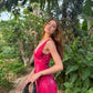 Charming Deep V Neck Satin Printed Floral Long Evening Gown Ball Gown nv1796