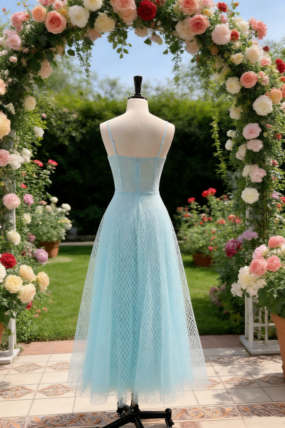 Ice blue lace sparkling thin suspender strapless chiffon grand dress  NV6787