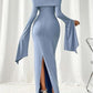 Blue simple fashion off-shoulder pleated long sleeves long slit ball gown evening dress party dress nv2618