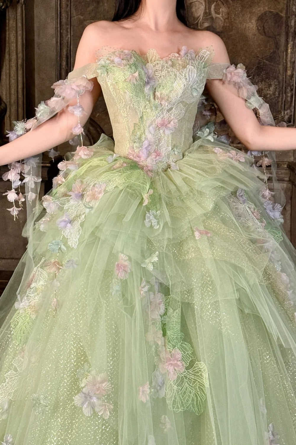 Green, gorgeous, delicate floral long tulle ball gown NV6642