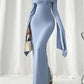 Blue simple fashion off-shoulder pleated long sleeves long slit ball gown evening dress party dress nv2618