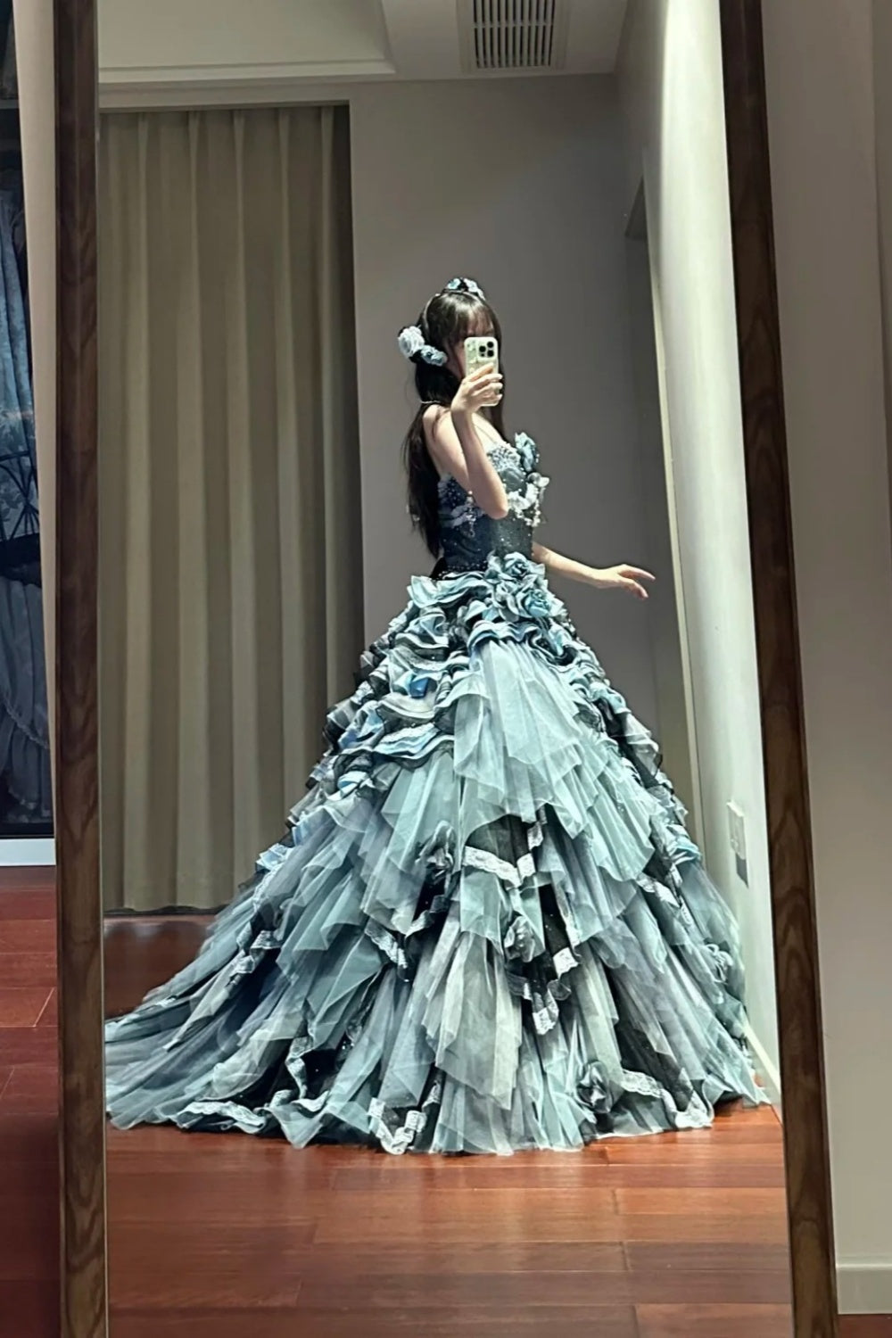 NiceVestidos--Blue vintage exquisite beaded long multi-layer tulle ball gown princess 16th birthday dress fairy tale sea daughter NV5666